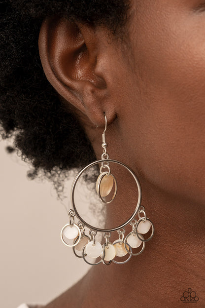 Paparazzi Accessories-Cabana Charm White Shell Discs Silver Hoop Earrings