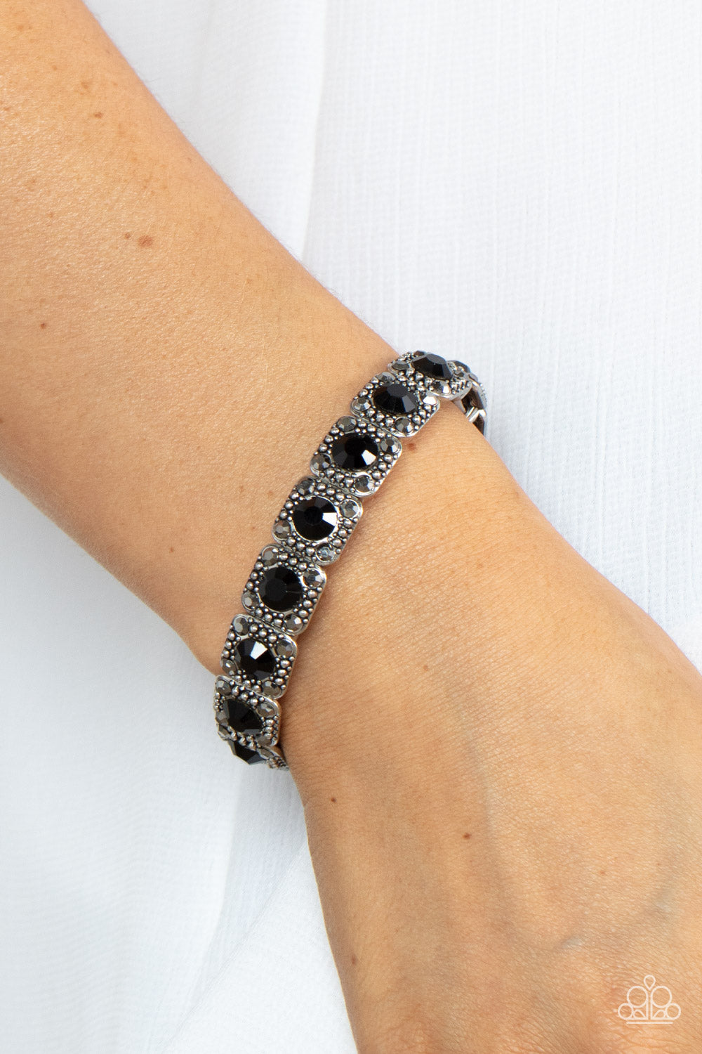 Paparazzi Accessories-Cache Commodity Black Rhinestone Hematite Bracelets