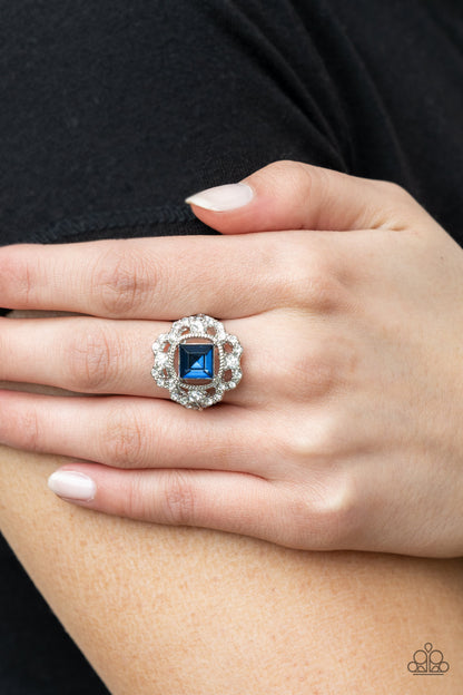 Paparazzi Accessories-Candid Charisma Blue Flower White Rhinestone Ring