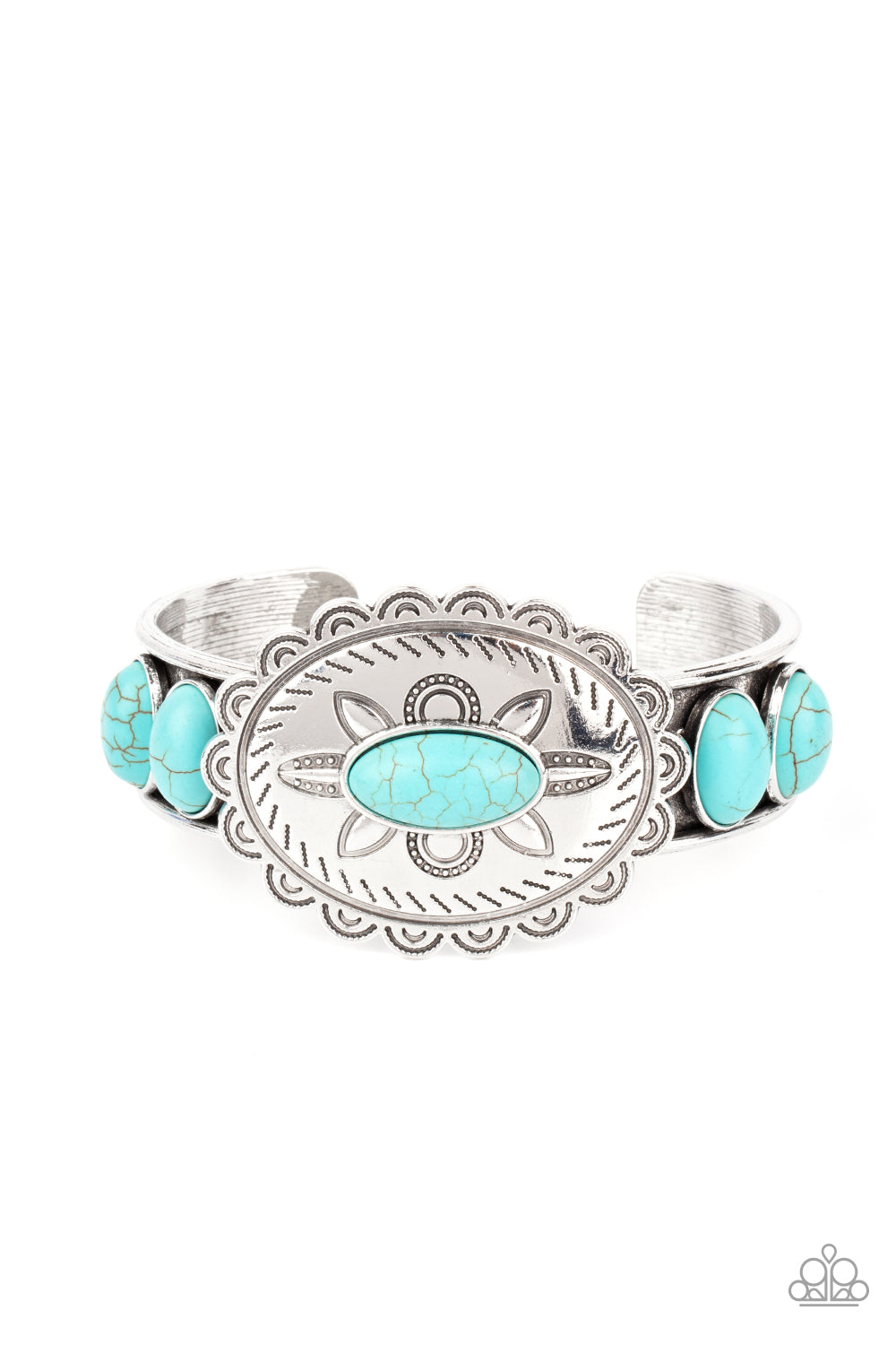 Paparazzi Accessories-Canyon Heirloom Blue Turquoise Floral Stone Cuff Bracelet