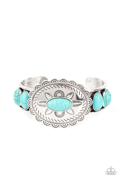 Paparazzi Accessories-Canyon Heirloom Blue Turquoise Floral Stone Cuff Bracelet