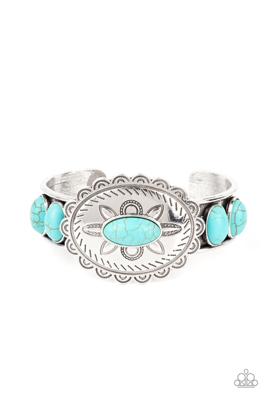 Paparazzi Accessories-Canyon Heirloom Blue Turquoise Floral Stone Cuff Bracelet