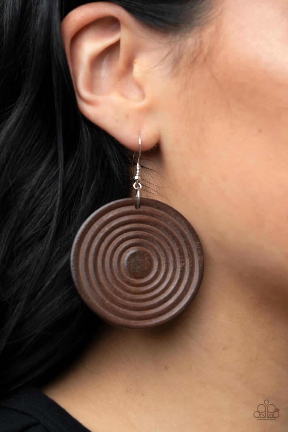 Paparazzi Accessories-Caribbean Cymbal Brown Wooden Circular Disc Earrings