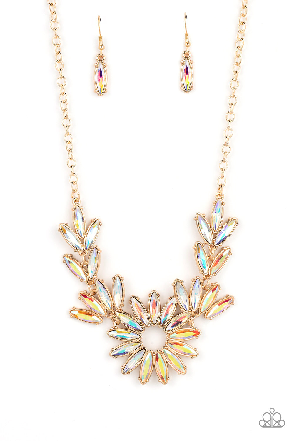 Paparazzi Accessories-Celestial Cruise Gold Iridescent Leafy Gem Necklace Set