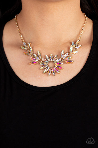 Paparazzi Accessories-Celestial Cruise Gold Iridescent Leafy Gem Necklace Set