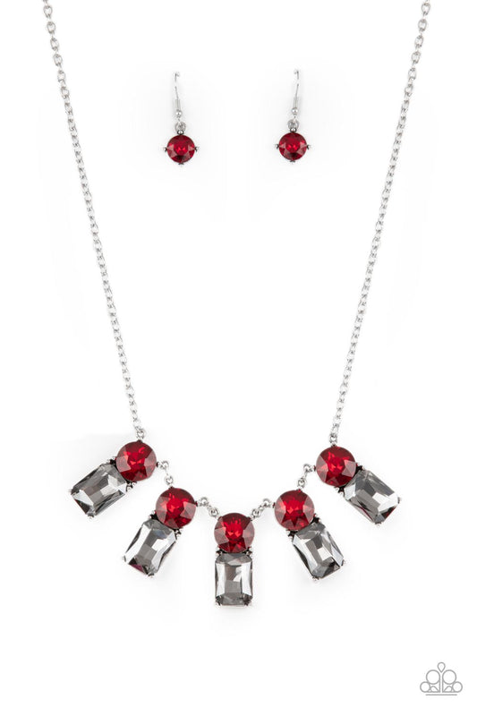 Paparazzi Accessories-Celestial Royal Red Emerald Cut Smoky Rhinestone Necklace Set