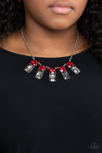 Paparazzi Accessories-Celestial Royal Red Emerald Cut Smoky Rhinestone Necklace Set