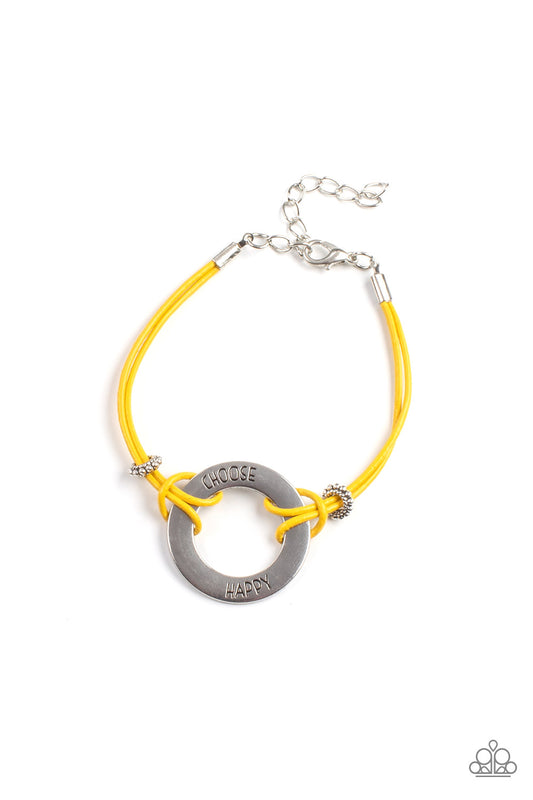 Paparazzi Accessories-Choose Happy Yellow Leather Inspirational Silver Bead Bracelet