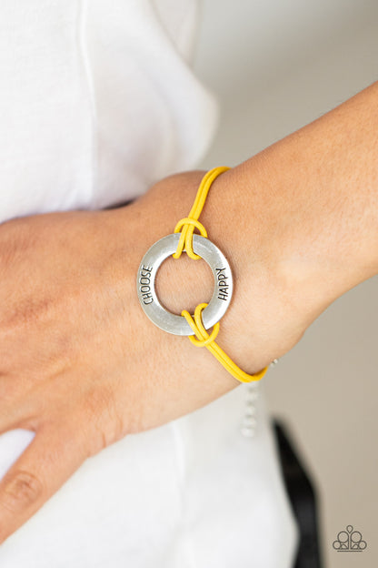 Paparazzi Accessories-Choose Happy Yellow Leather Inspirational Silver Bead Bracelet