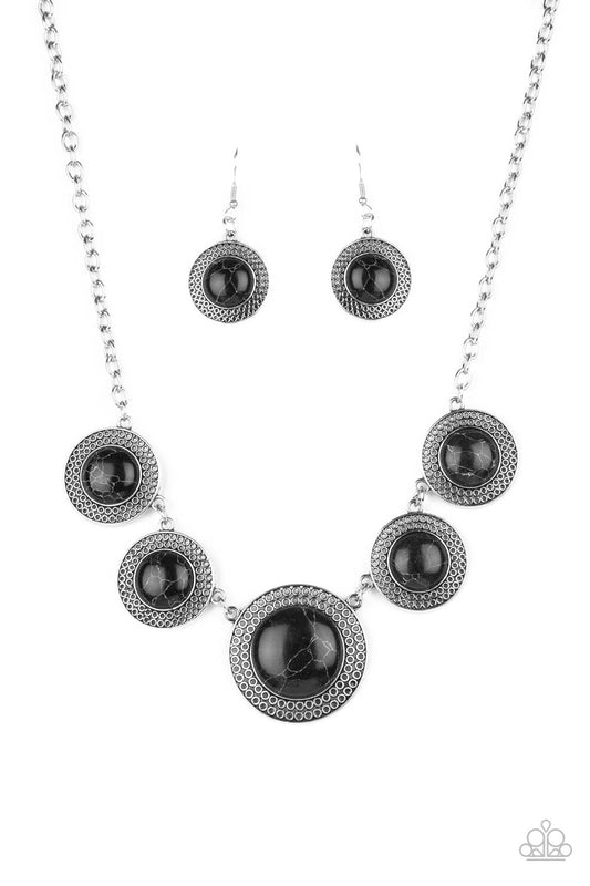 Paparazzi Accessories-Circle The Wagons Black Rustic Stone Necklace Set