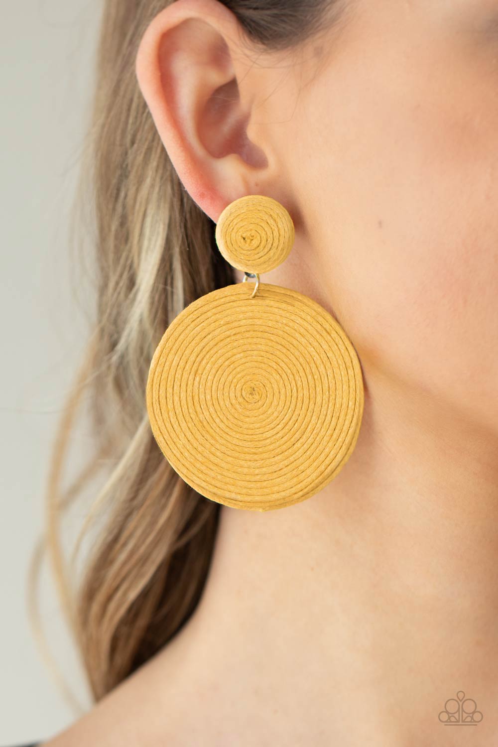 Paparazzi Accessories-Circulate The Room Yellow Spiral Button Earrings