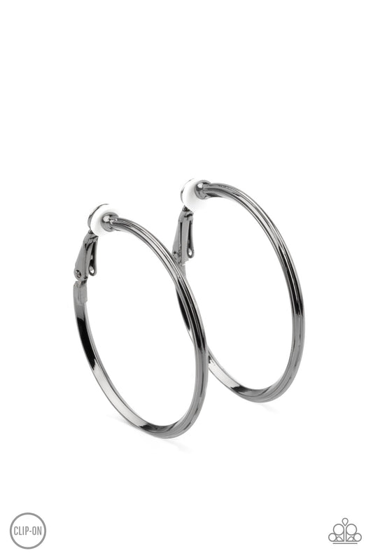 Paparazzi Accessories-City Classic Beveled Gunmetal Hoop Earrings