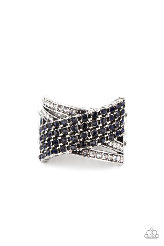 Paparazzi Accessories-Classic Crossover Blue Glittery Rhinestone Ring