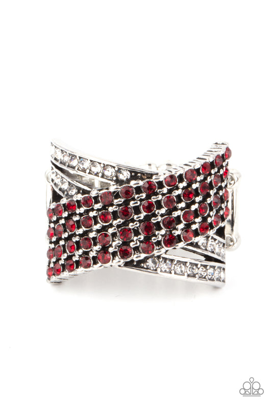 Paparazzi Accessories-Classic Crossover Red/White Rhinestones Ring