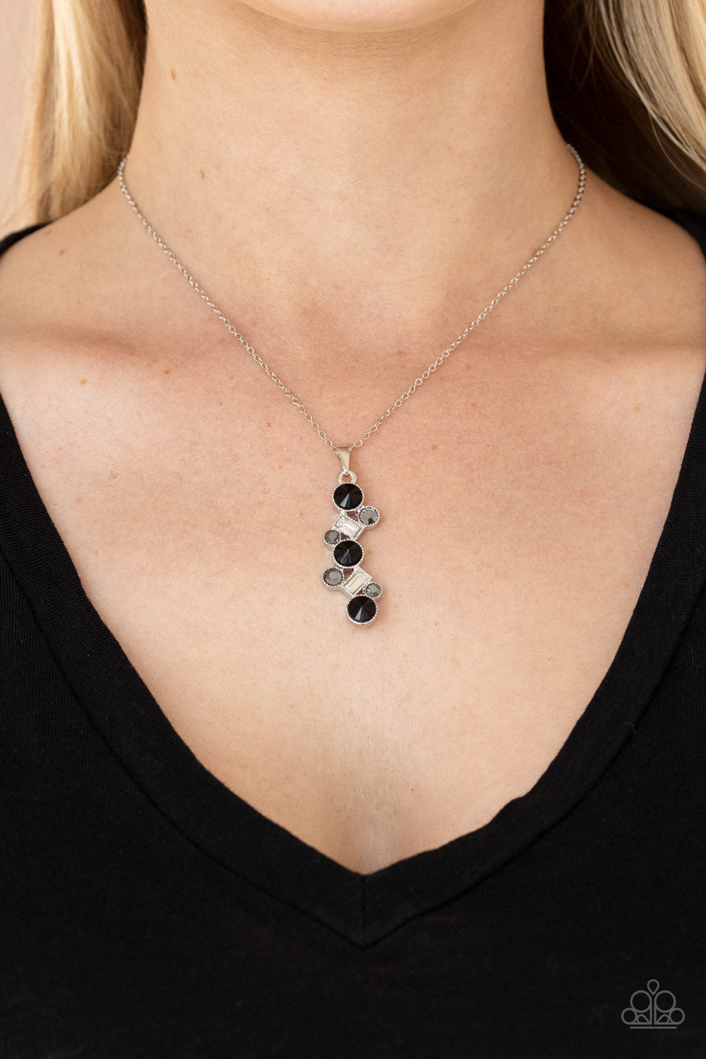 Paparazzi Accessories-Classically Clustered Black/Hematite White Rhinestone Regal Necklace Set