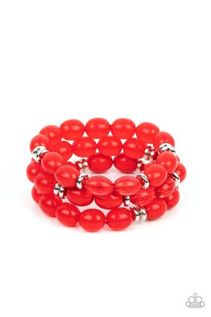 Paparazzi Accessories-Coastal Coastin-Red Opaque Silver Acrylic Bead Bracelet