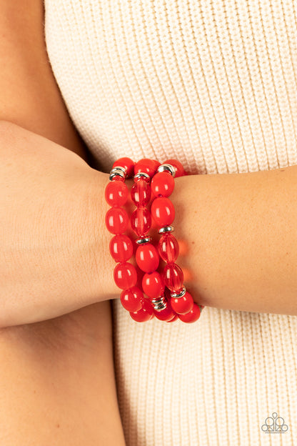 Paparazzi Accessories-Coastal Coastin-Red Opaque Silver Acrylic Bead Bracelet