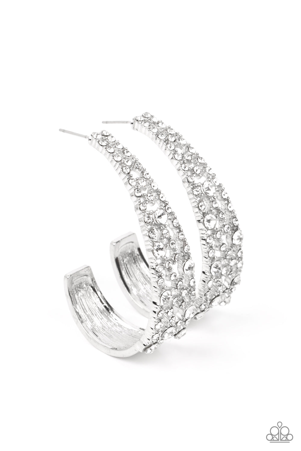 Paparazzi Accessories-Cold as Ice White Rhinestone Silvery J-Hoop Earrings