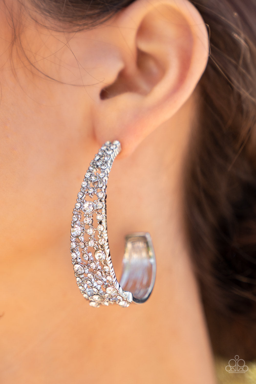 Paparazzi Accessories-Cold as Ice White Rhinestone Silvery J-Hoop Earrings