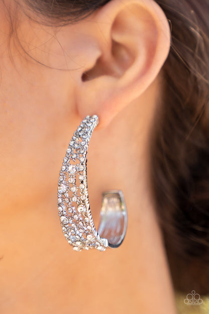 Paparazzi Accessories-Cold As Ice White Rhinestone Silver J-Hoop Earrings