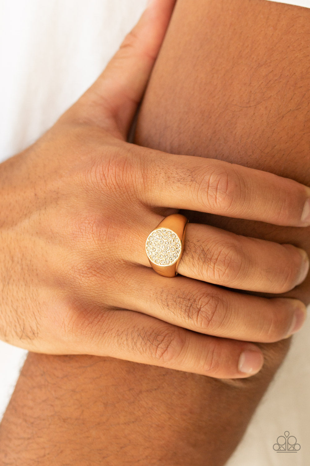 Paparazzi Accessories-Conquest Gold Rhinestone Men's Ring