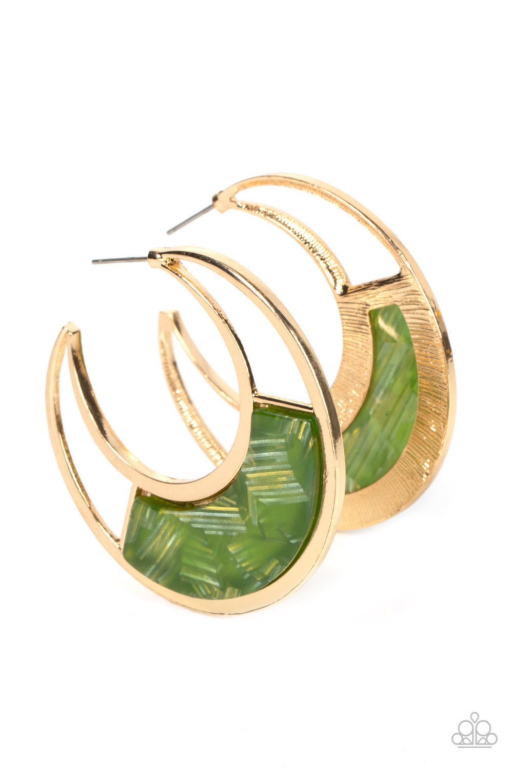 Paparazzi Accessories-Contemporary Curves-Green Acrylic Gold Hoop Earrings