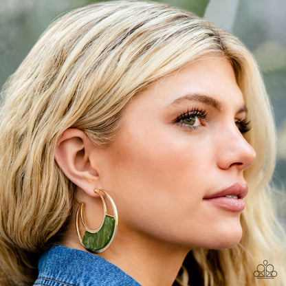 Paparazzi Accessories-Contemporary Curves-Green Acrylic Gold Hoop Earrings