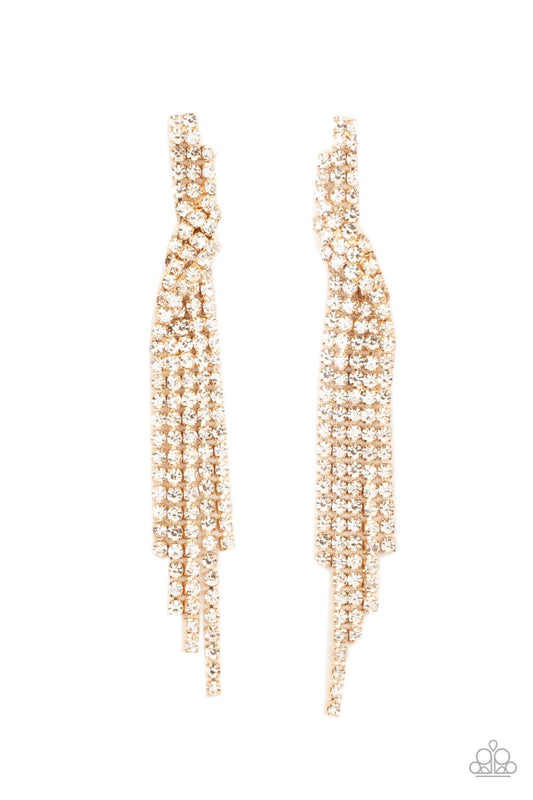 Paparazzi Accessories-Cosmic Candescence Gold Tassel White Rhinestone Earrings