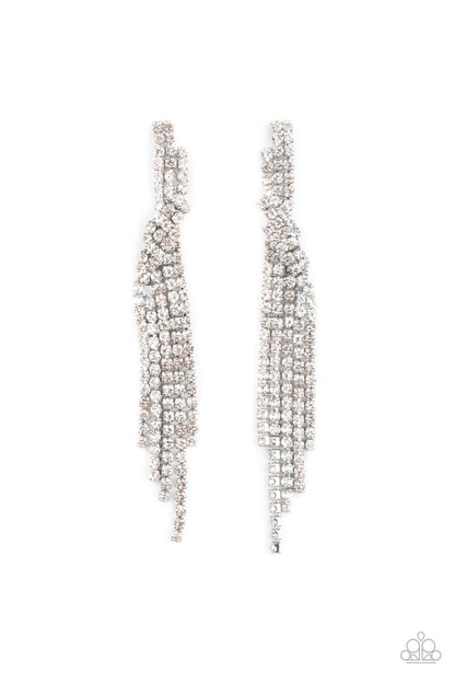 Paparazzi Accessories-Cosmic Candescence White Glittery Rhinestone Tassel Earrings