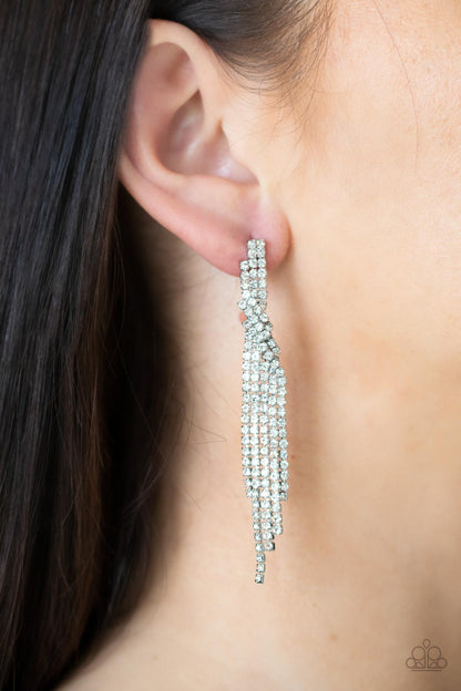 Paparazzi Accessories-Cosmic Candescence White Glittery Rhinestone Tassel Earrings