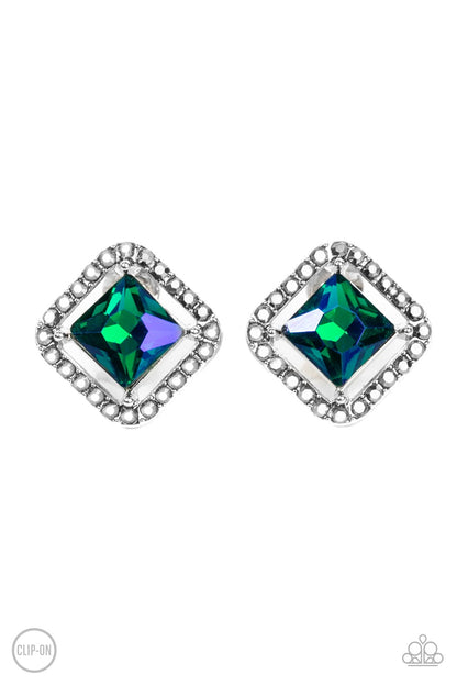 Paparazzi Accessories-Cosmic Catwalk Green Iridescent Rhinestone Earrings