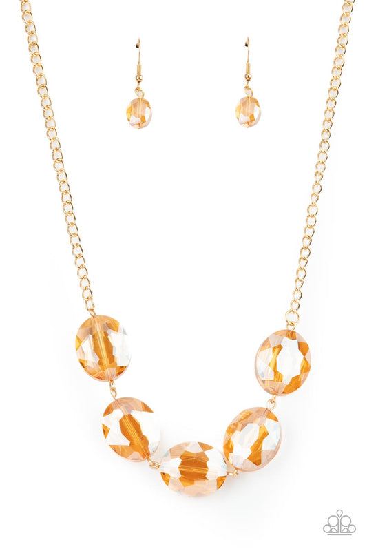 Paparazzi Accessories-Cosmic Closeup Gold Iridescent Oversized Gems Necklace Set