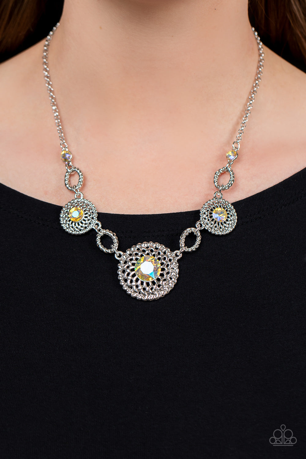 Paparazzi Accessories-Cosmic Cosmos Yellow Rhinestone Petal Necklace Set