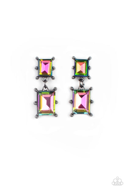 Paparazzi Accessories-Cosmic Queen Multi Oil Spill Baguette Earrings