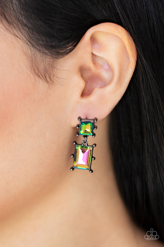 Paparazzi Accessories-Cosmic Queen Multi Oil Spill Baguette Earrings