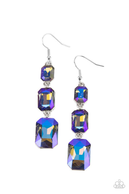 Paparazzi Accessories-Cosmic Red Carpet Dazzling Blue/Gold Emerald Cut Earrings