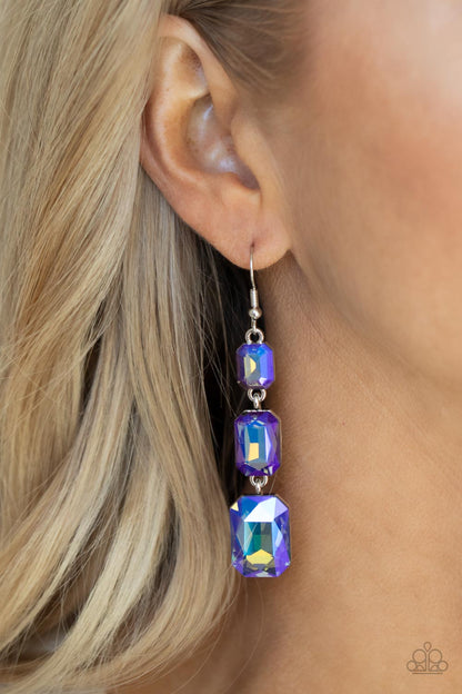 Paparazzi Accessories-Cosmic Red Carpet Dazzling Blue/Gold Emerald Cut Earrings