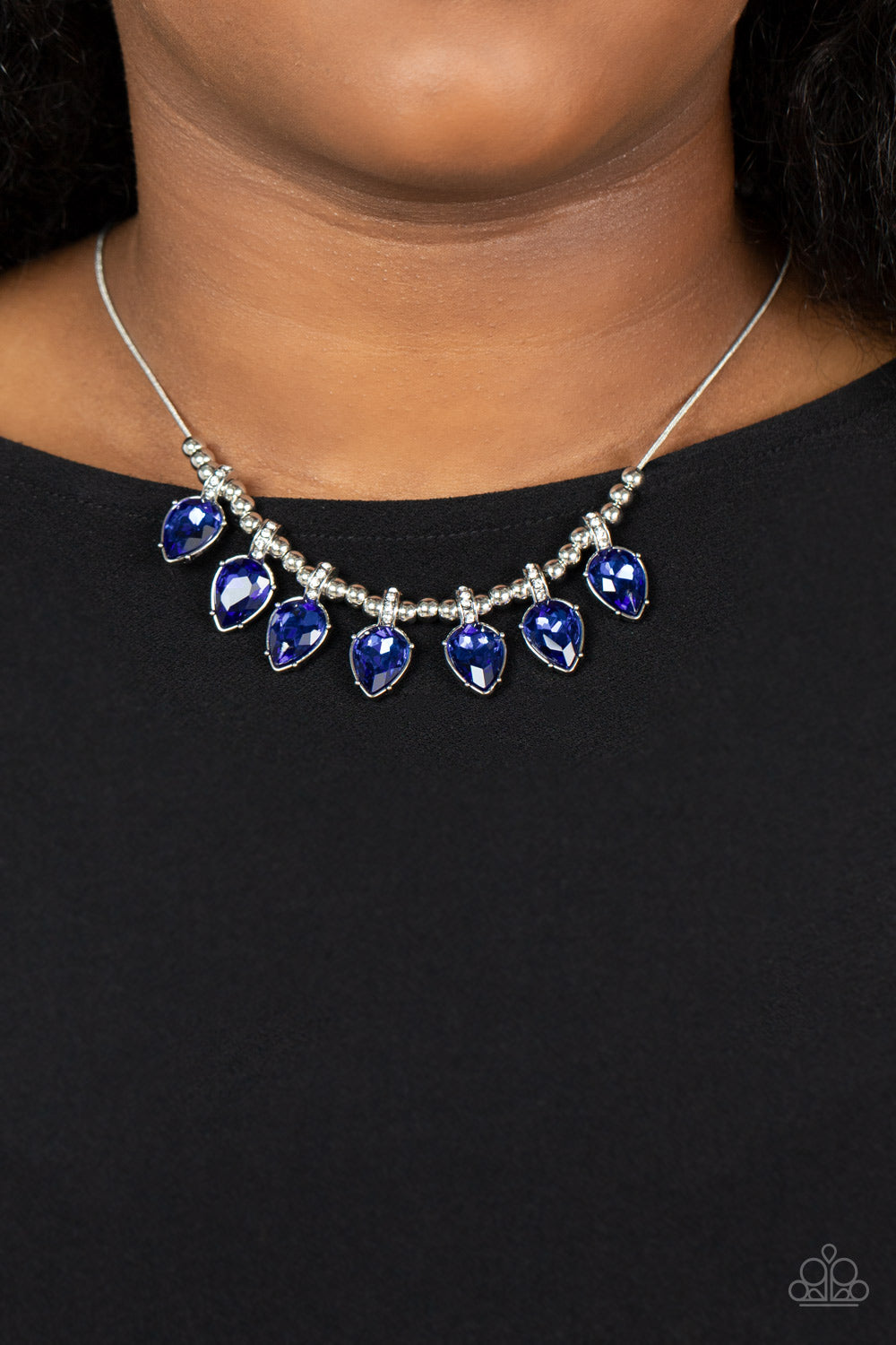 Paparazzi Accessories-Crown Jewel Couture Blue Glittery White Rhinestone Necklace Set