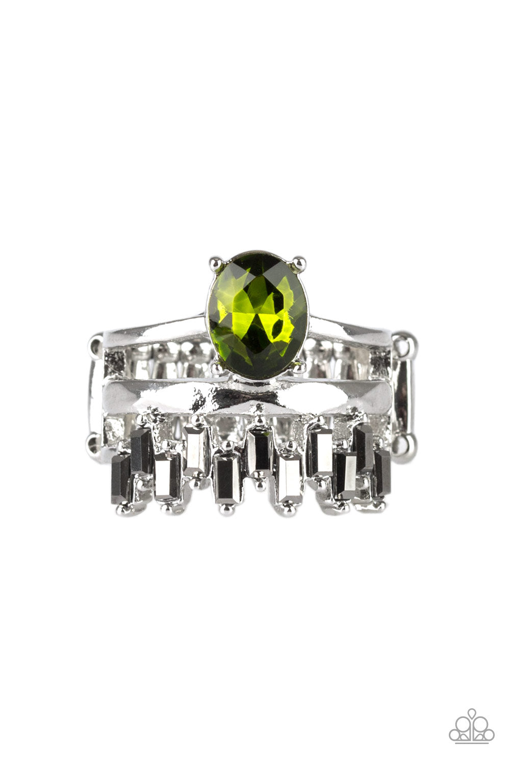 Paparazzi Accessories-Crowned Victor Green Hematite Rhinestone Ring