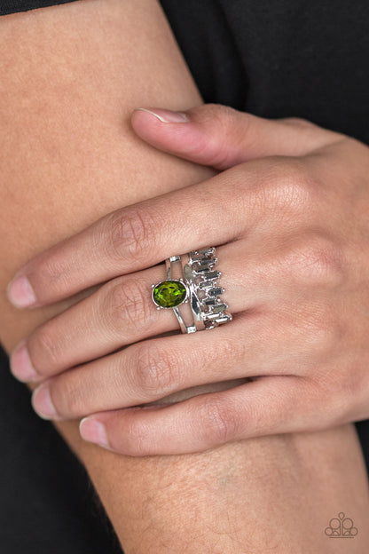 Paparazzi Accessories-Crowned Victor Green Hematite Rhinestone Ring