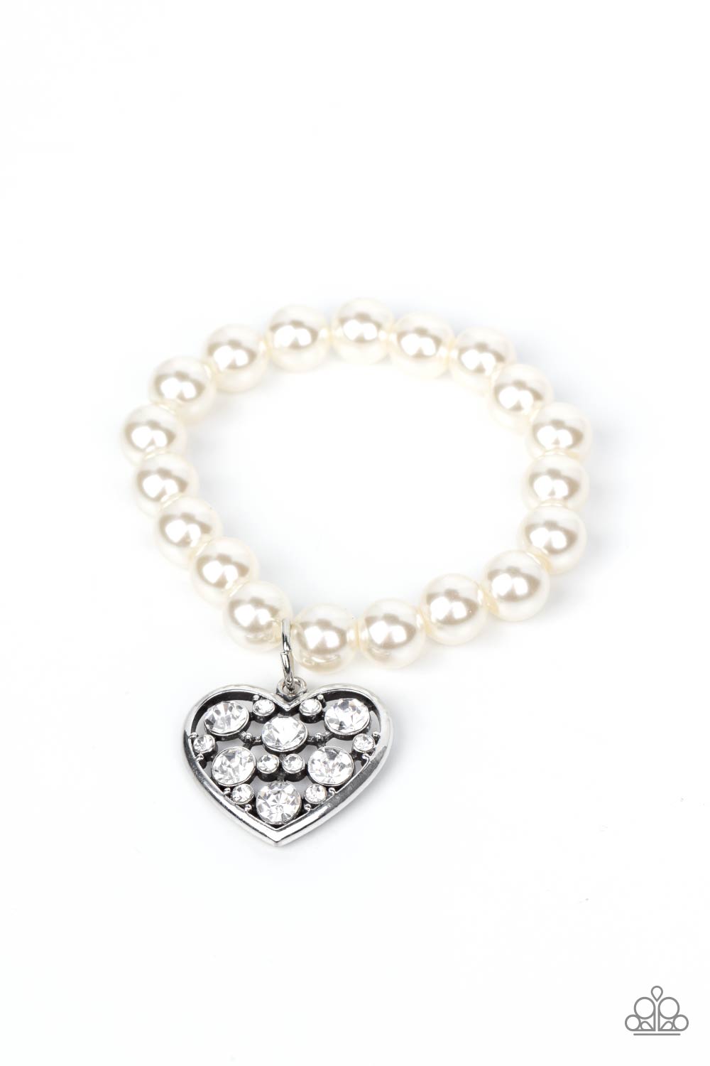 Paparazzi Accessories-Cutely Crushing White Pearl Silver Rhinestone Heart Charm Bracelet