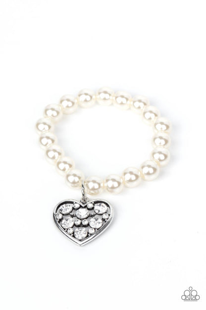 Paparazzi Accessories-Cutely Crushing White Pearl Silver Rhinestone Heart Charm Bracelet