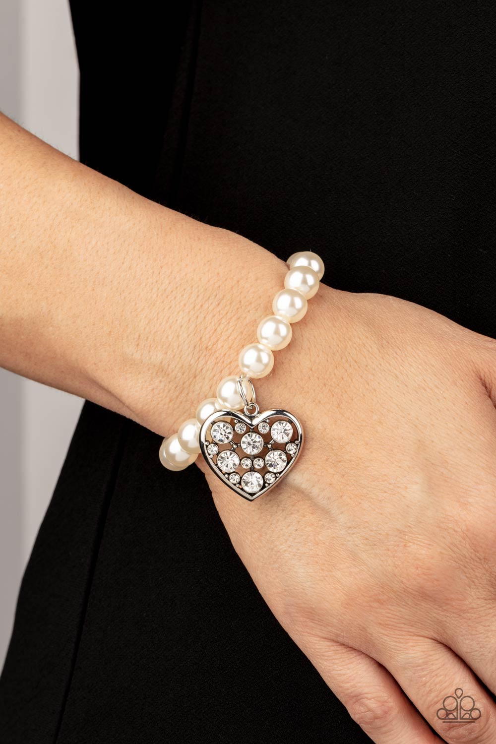Paparazzi Accessories-Cutely Crushing White Pearl Silver Rhinestone Heart Charm Bracelet