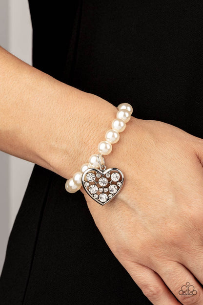 Paparazzi Accessories-Cutely Crushing White Pearl Silver Rhinestone Heart Charm Bracelet