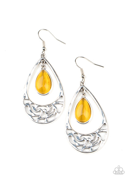 Paparazzi Accessories-DEW You Feel Me? Yellow Cat's Eye Earrings