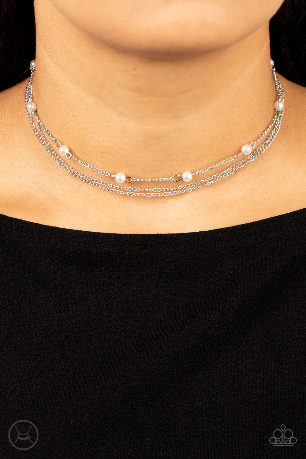 Paparazzi Accessories-Daintily Dapper White Pearls Silver Chain Choker Set