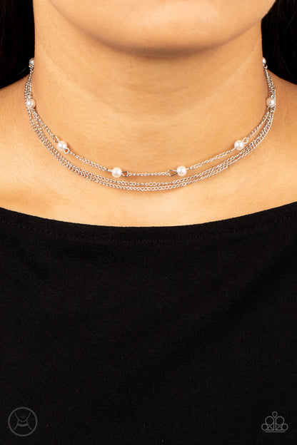 Paparazzi Accessories-Daintily Dapper White Pearls Silver Chain Choker Set