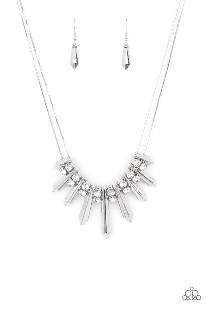 Paparazzi Accessories-Dangerous Dazzle White Rhinestone Silver Rod Necklace Set