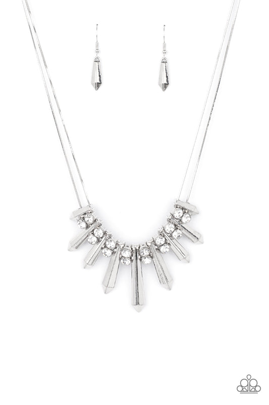 Paparazzi Accessories-Dangerous Dazzle White Rhinestone Silver Rod Necklace Set