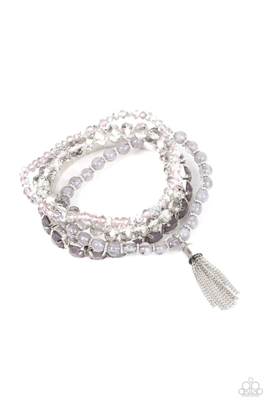 Paparazzi Accessories-Day Trip Trinket Dewy Gray Bead Tassel Bracelet